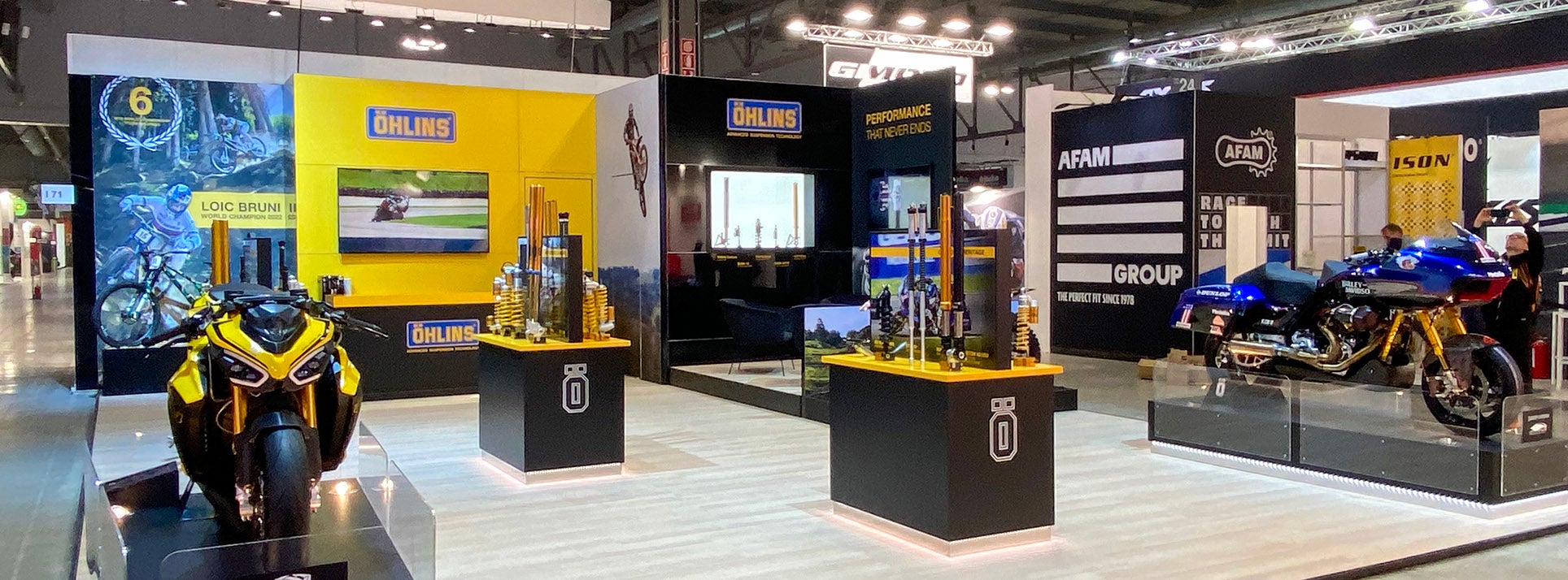 Öhlins Racing booth at the EICMA motorcycle show in Italy.