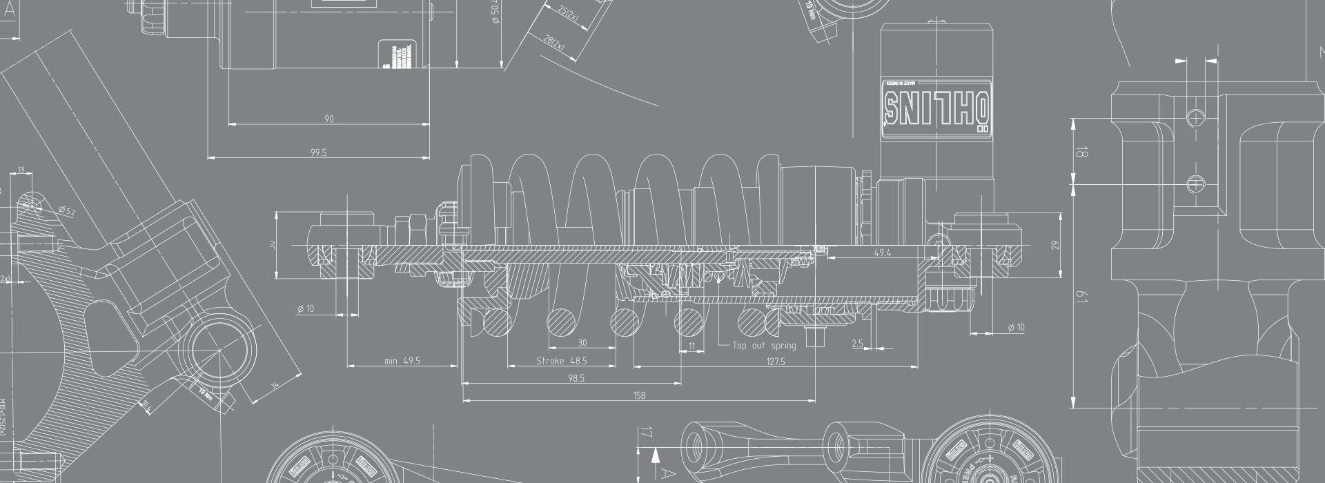 Öhlins Racing technical drawing of suspension on a gray background.